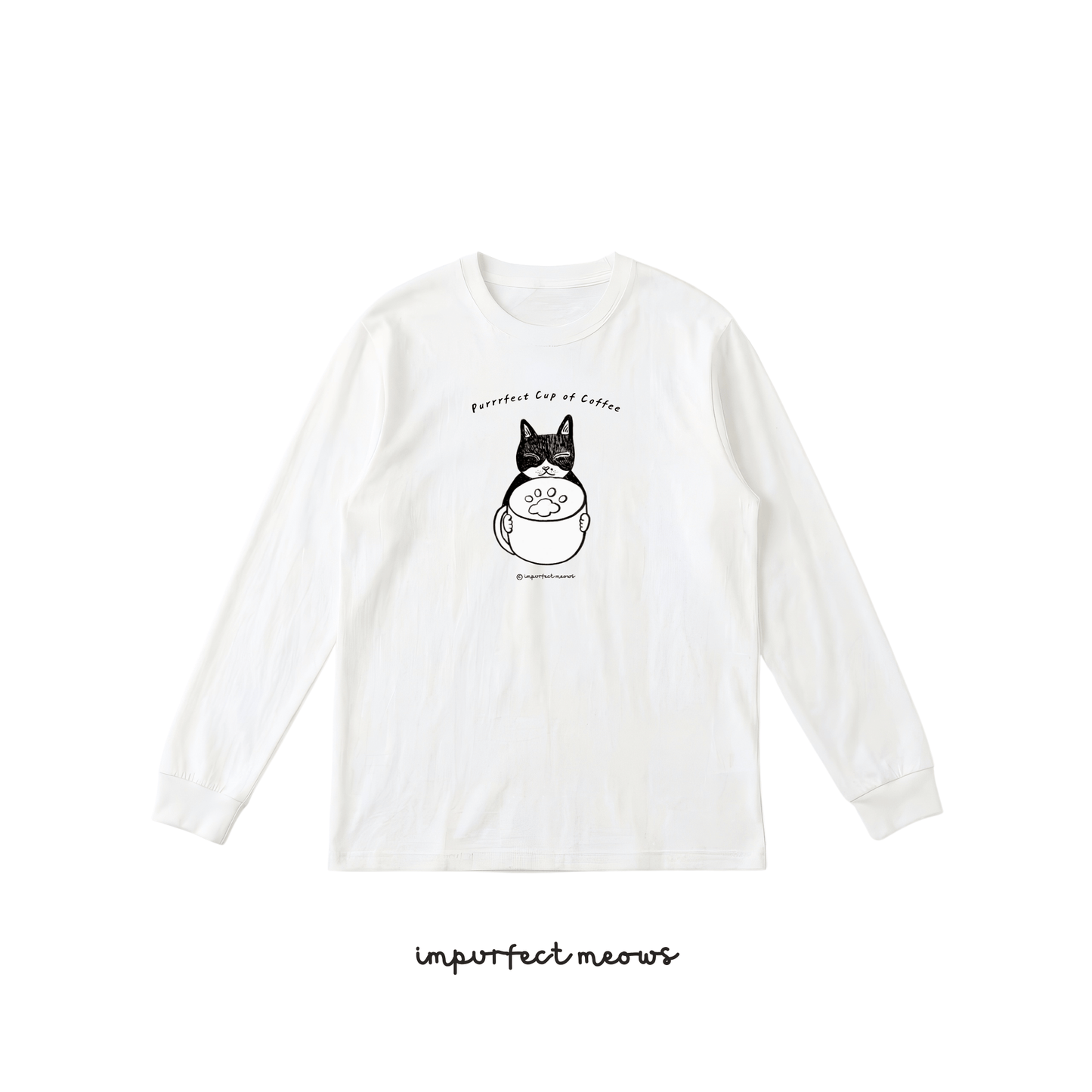 Coffee Cat T-shirt Long Sleeve Crew Neck