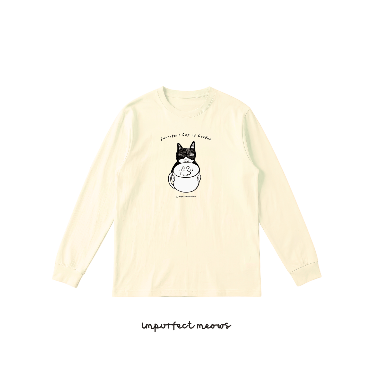 Coffee Cat T-shirt Long Sleeve Crew Neck
