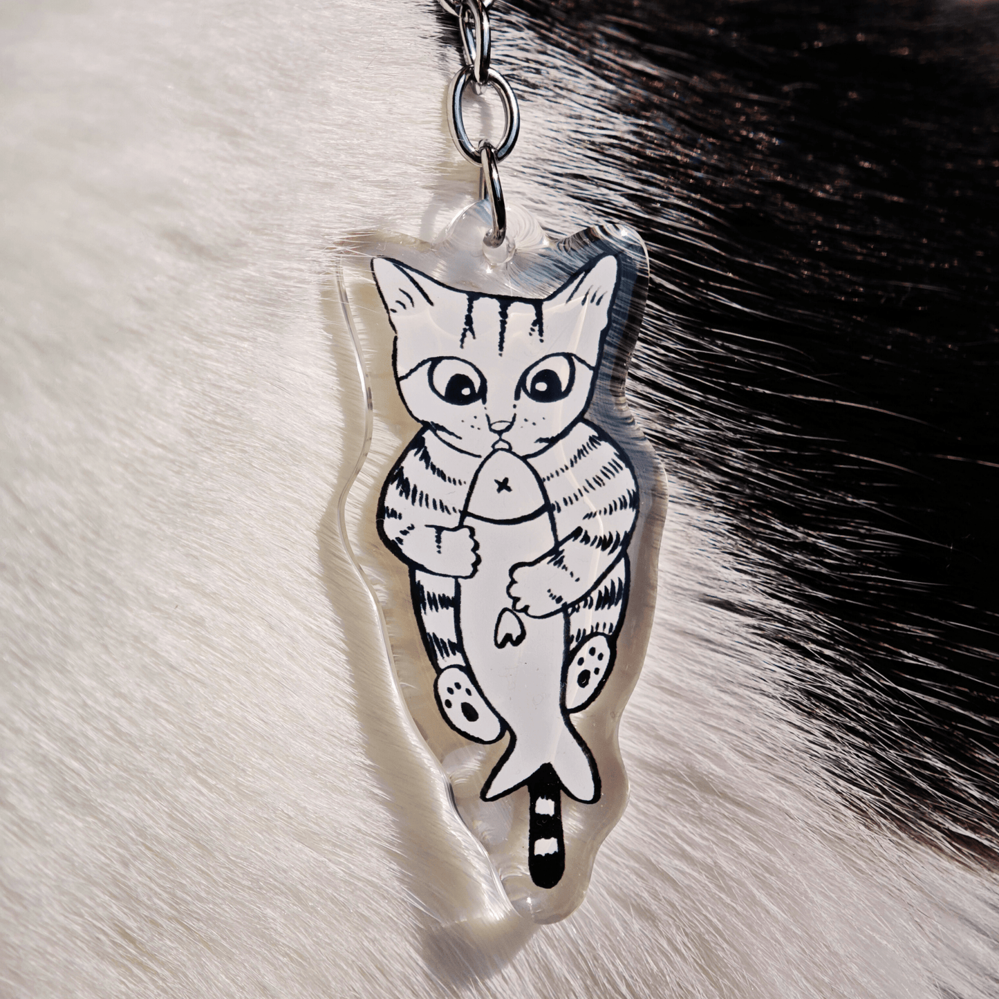 Cat with Fish Keychain